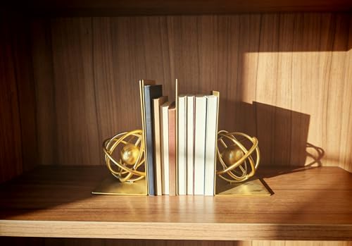 Gold Metal Bookends Set of 2, Heavy Duty Book Ends for Heavy Books, Unique Modern Geometric Ball Round Style Decorative Book Holders for Shelves Office Home Accent Decor，1 Pair/2Pieces