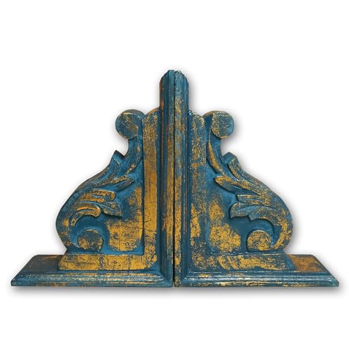 Vintage One Pair of Distressed-Finish Wooden bookends with a Carved Pattern, Perfect for Shelves, Heavy bookends for Books, and Modern Accent for Living Room,Office (Rustic Blue) - color: Rustic Blue