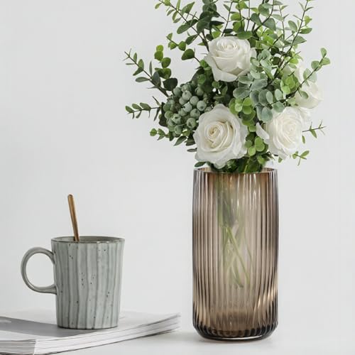 8 Inch Tall Ribbed Glass Vases for Flowers-Thick Amber Glass Flower Vase for Centerpieces Table, Shelves, Decorative Cylinder Vase for Home Decor, Living Room, Dining Room, Bathroom Vanity - color: Amber, size: Small - 8''H