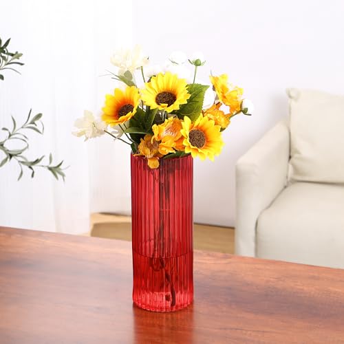 Red Glass Vase for Flowers, Ribbed Glass Vase for Tulips, Modern Red Vases, Tall Cylinder Glass Vases for Living Room, Bedroom, Dining Table, Office, Wedding, Bookshelf, 12 Inches - color: Red, size: 12''