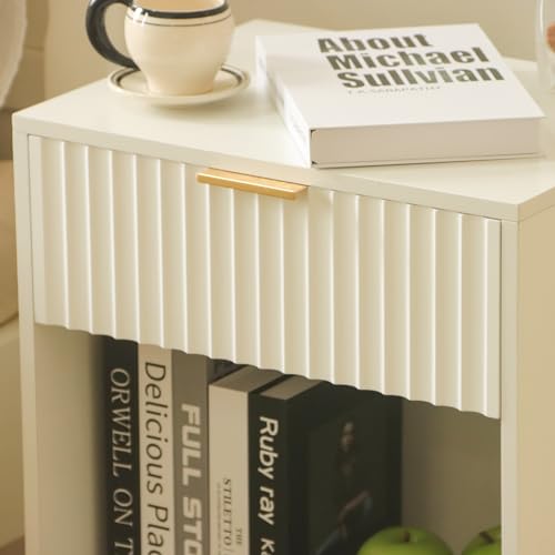 Fultyle White Nightstand, Modern Bedside Table with Drawer and Opening Storage, Fluted End Side Table Living Room with Solid Wood Legs for Bedroom (White) - color: White