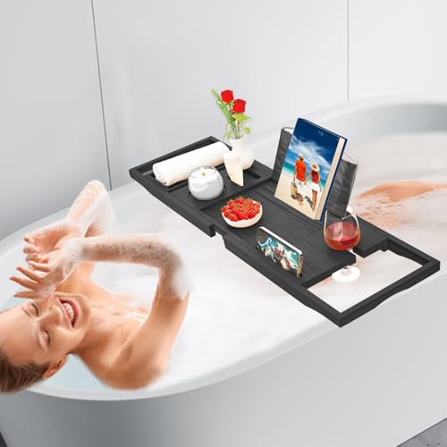 Premium Bathtub Tray Caddy - Bath Tray Expandable - Bath Tub Tray Table for Bathtub, Bamboo Wooden, Fits Most Bath Tubs - color: Premium Black