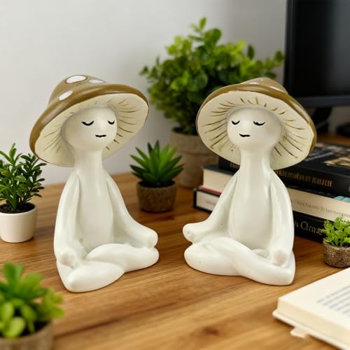 2Pcs Cute Meditation Mushroom Statue-Meditation Mushroom Resin Statue for Desk Living Room Resin Figurine for Home Patio Office Decor Cute Plant Statues for Tabletop Garden Backyard Decor