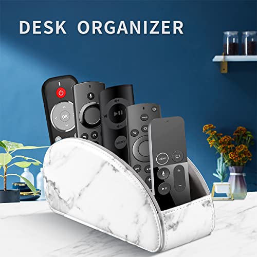 All-in-One Leather White TV Remote Holder for Remote Conrtols with 5 Compartments Nightstand Desktop Media Player Remote Caddy Storage Box Organizer Tray for Mobile Office Stationery Phone Controller - color: Marble White, size: Small