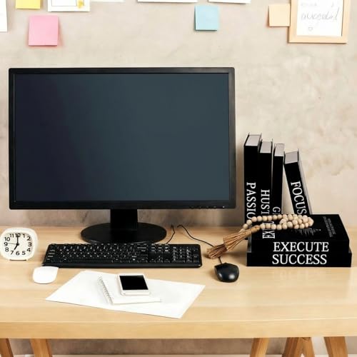 Menkxi 6 Motivational Decorative Books with Wood Bead Tassel Garland - Modern Faux Books for Office Desk, Bookshelf & Coffee Table Decor - Inspirational Aesthetic Black & White Fake Book Box Set - style: Focus