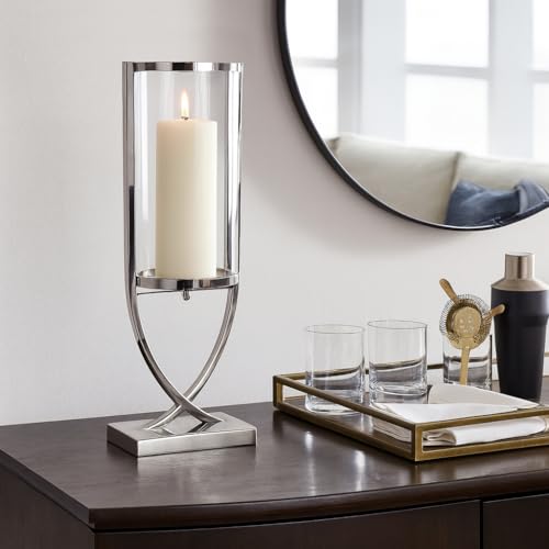 Contemporary Metal and Glass Hurricane Candle Holder - Decorative Pillar Candlestick Holder for Table Centerpiece - Elegant Home Decor Accents for Any Special Occasion Decoration - 23" Silver - color: Silver, size: 23"