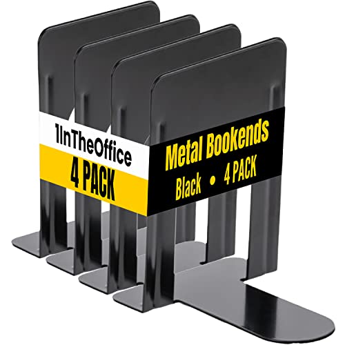 1InTheOffice Black Metal Bookends, 4/Pack - 8 1/4" x 5 7/8" x 9" Heavy Duty