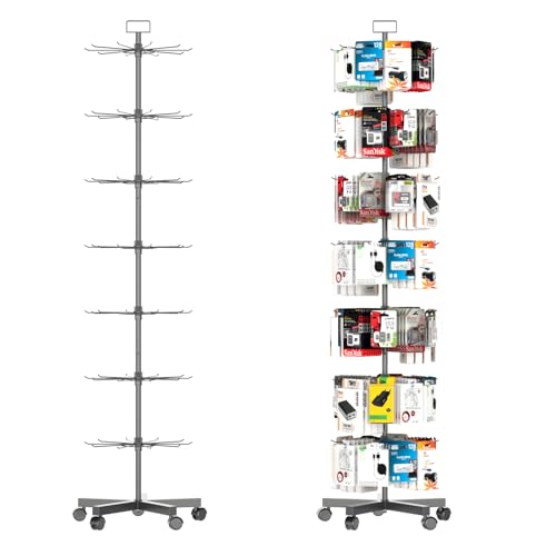 Upgraded Retail Display Stand 7 Tier Spinning Display Stand, Movable Shop Spinner Rack with Hooks, Retail Display Racks for Jewelry Keyring Hats Socks Toys (Black) - color: Black, style: 7 Tier-5 wheels