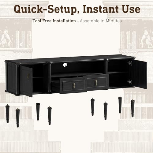 STO'SENSE 63" Pre-Assembled Tv Stand w/Power Outlet, Solid Wood Grain TV Consoles w/2 Cabinets & 2 Drawers, Mid Century Modern Entertainment Center for Living Room, Fits TVs up to 75", Black Oak - color: Black Oak