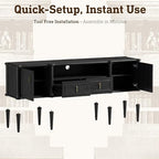 STO'SENSE 63" Pre-Assembled Tv Stand w/Power Outlet, Solid Wood Grain TV Consoles w/2 Cabinets & 2 Drawers, Mid Century Modern Entertainment Center for Living Room, Fits TVs up to 75", Black Oak - color: Black Oak