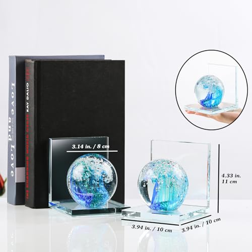 Arikyrist 1 Pair Crystal Bookends for Heavy Books with Hand Blown Ocean Waves Ball Glass Decorative Non Skid Bookends for Bookshelf Office Home (Dark Blue and Dark Green) - color: Dark Blue and Dark Green