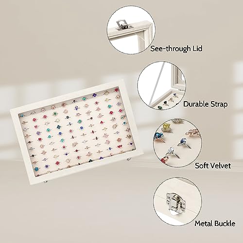 Stratalife Jewelry Organizer Ring Storage Display Tray with Clear Glass Lid Velvet Jewelry Showcase Ring Box for Multiple Rings Drawer Display 100 Slot (Beige) - color: Beige, size: 100 Slots Ring