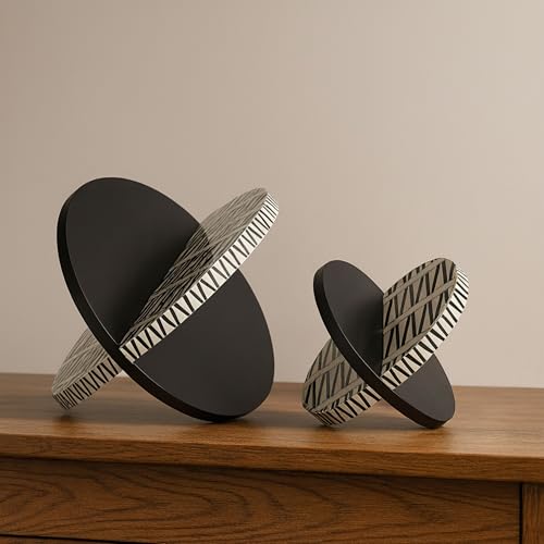 Set of 2 Gobiel Resin Orbs – Wood & Resin Decorative Object with Interlocking Geometric Design – Modern Home Decor for Office, Bedroom & Living Room – 7" & 10", Black & White