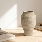 9" Ceramic Vase for Flowers - 100% Waterproof Farmhouse Rustic Flower Vase, Hand-Finished Ribbed Textured Decorative Vase, Distressed Oatmeal Pottery for Modern Home Decor, Mantel, Shelf