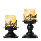 Gothic Hurricane Candle Holders, Black Metal with Glass Sleeve, Set of 2 Decorative Pillar Holders, 5.9 and 7.9 Inch Height, 4 Inch Diameter - size: Height 5.9 inches and 7.9 inches - 2 Pieces