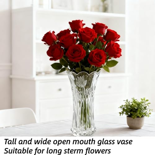 Dicunoy Set of 2 Glass Flower Vase, 9.5" Large Flower Vases for Centerpieces, Modern Clear Heavy Duty Crystal Tall Cylinder Flared Vase for Rose Bouquet, Home, Wedding, Living Room, Office