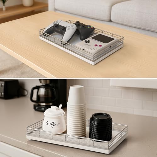 Large Bathroom Vanity Tray – 13" x 8" Oak Decorative Wooden Tray for Bathroom Countertop & Vanity Organizer, Wood Tray for Perfume, Skincare & Accessories Storage, Vanity Dresser Decor Sliver & White - color: Silver, size: 13" x 8" x 2"