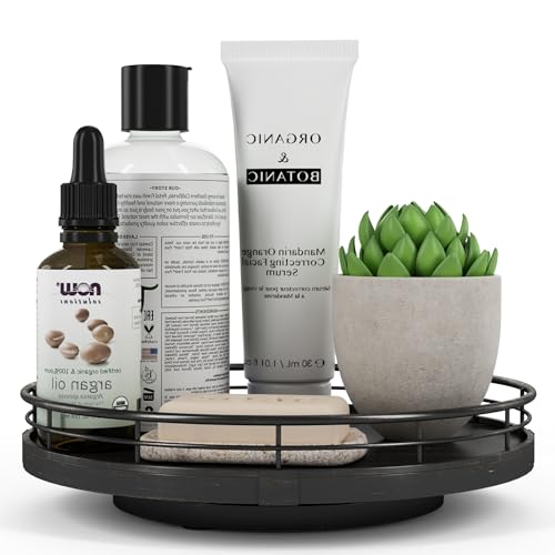9" Oak Bathroom Vanity Tray Turntable for Perfume Candle, Round Wooden Decorative Tray for Kitchen Sink Countertop Organizer, Bathroom Counter Organizer for Skincare Makeup, Farmhouse Black Gold - color: Black, size: 9 inches
