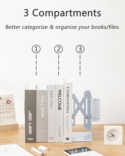 Kingsmile Book Ends, Adjustable Bookends for Shelves, Metal Bookends for Heavy Books, Book Stopper Organzier with Pen Holder for Desk, Kids Room, Office, Classroom, Library, Study Room.(White) - color: White