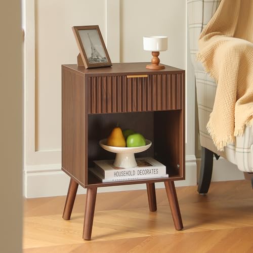 Fultyle Walnut Nightstand, Modern Night Stand with Fluted Drawer and Opening Storage, Wooden Bedside Table with Solid Wood Legs for Bedroom, Living Room, Office (Walnut Brown) - color: Walnut Brown