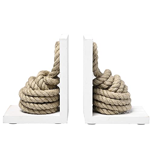 MyGift Vintage Decorative Bookends, Book Ends Shelf, L Shaped Office Desk Book Holder, Beach House Decor, White Solid Wood with Nautical Knot Rope, 2 Packs