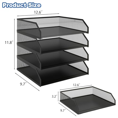 Natwind 4-Tier Stackable Paper Tray, Metal Mesh Desktop Organizer, A4 Paper Sorter, Letter Trays,File Folder Sorter Organizer with Sliding Tray for Home, Office, School (Black) - size: 4 Tier