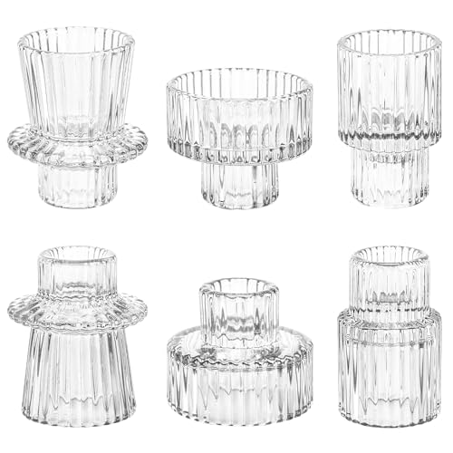 Taper Votive Candle Holder for Pillar Candles Tealight, Candlestick Holder for Wedding Christmas Tea Party, Boho Ribbed Vintage Crystal Glass Table Centerpiece Decor, Bulk Set of 6 (Clear) - color: Clear