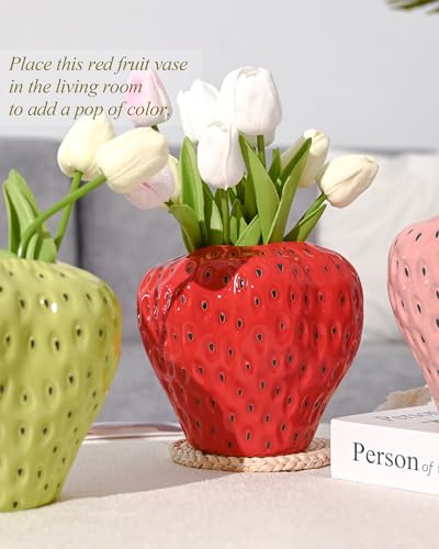 DN DECONATION Red Strawberry Vase, Strawberry Ceramic Flower Vases for Colorful Girly Home Decor, Decorative Cute Vase for Strawberry Party Decorations - color: Red Strawberry