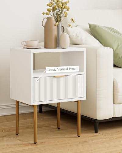 Masupu Nightstand,Mid-Century Modern Bedside Table with Storage Drawer and Open Wood Shelf,Small Gold Frame Side Table for Bedroom,Living Room,White - color: A.white, style: 1 Drawer