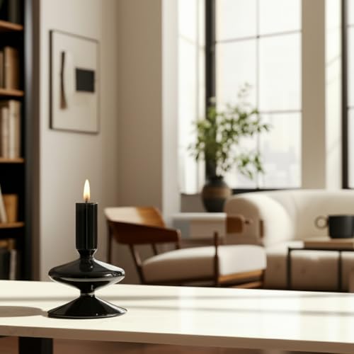 Vintage Glass Candle Holder for Pillar Candles – Taper Candle Holders for Table Decor, or Living Room – Stacked Disc Design Candlestick Holders, Boho Home Decor – 5", Black - color: Black, size: 5.0" H