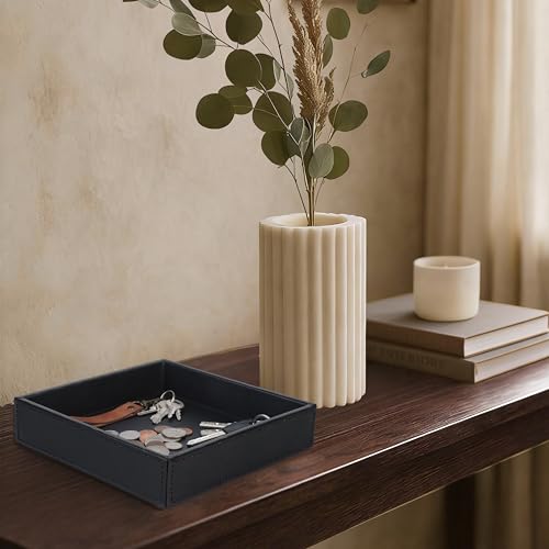 HofferRuffer Faux Leather Vanity Tray, Elegant Desktop Storage Organizer, Decorative Catchall for Perfume, Bathroom Valet, Nightstand or Dresser, 8 x 8 x 1.8 inches (Black) - color: Black, size: 8" x 8" x 1.8"
