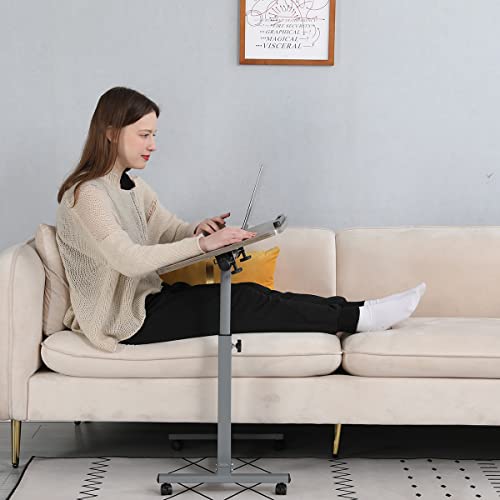 Furist Adjustable Overbed Bedside Table with Wheels Hospital Bed Table Portable Computer Stands Movable Desk Computer Table for Bed Laptop Stand for Couch - color: Oak Grey
