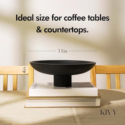 KIVY Concrete Fruit Bowl for Kitchen Counter - Large Decorative Bowl for Home Decor - Black Pedestal Bowl - Decorative Bowls for Home Decor - Black Kitchen Island Decor - color: Black, style: Ribbed