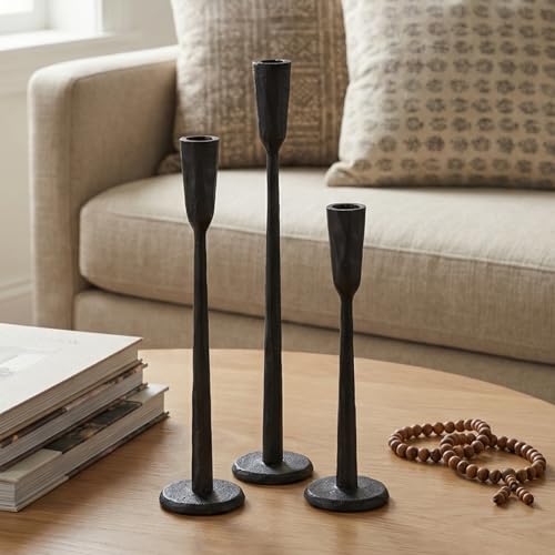 Black Iron Taper Candle Holder Set of 3, Heavy Wrought Iron Candlestick Holders Decorative Candle Stand, Vintage Candle Holder for Wedding, Dining, Home Decoration - color: Black