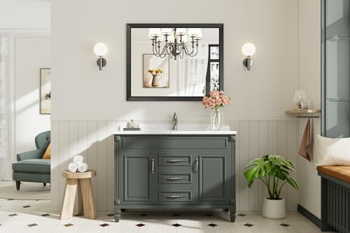 Briivue 40x32 Inch Black Bathroom Mirror for Wall, Thick Metal Framed Rectangle Mirrors for Over Sink, Bedroom, Living Room, Entryway, Anti-Rust, HD Tempered Glass - color: Black, size: 40"L x 32"W