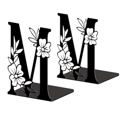 Peacoblue Metal Bookends for Shelves, Modern Decorative Heavy Duty Study Book Ends Stoppers for Office Desk Shelf, Room 5.3"x4.3"x7.1" Cast Iron Tall Bookends 1 Pair (Letter M with Flowers) - style: Letter M with Flower