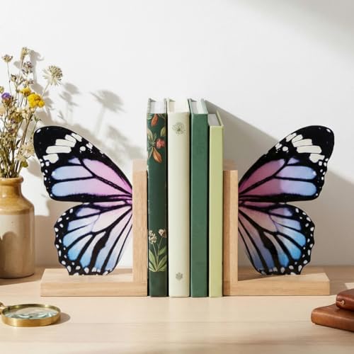 Decorative Butterfly Bookends Wooden Acrylic Butterflys Bookend Modern Bookshelf Decor Accent Book Stopper Decor for Home Farmhouse Shelves Office Lover Gift(Pale Blue Swallowtail Butterfly) - style: Pale Blue Swallowtail Butterfly