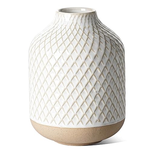 Small Boho Vase for Decor,Rustic Farmhouse Vase for Pampas Grass,Eucalyptus Set and Tiny Stem Flowers,Ceramic Vintage for Centerpieces, 5.3 Inch -Rhombus, Embossment - style: Rhombus