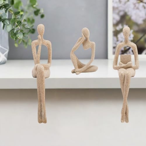 Gold Home Decor Thinker Statue Accents, Set of 3 Thinker Sculptures Office Decor Modern Abstract Resin Decoration on Shelf Table Desk for Living Room Office Bedroom Bookshelf Decor (Small Sandstone) - color: Sandstone, size: Small