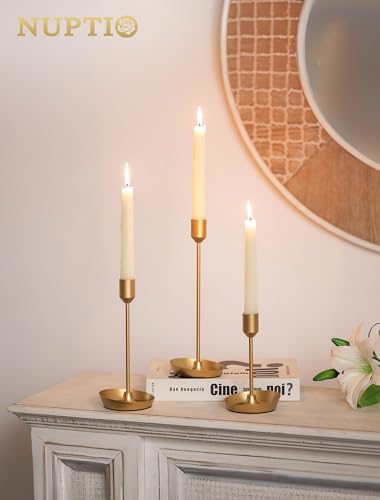 NUPTIO Taper Candle Holders for Centerpiece: 3 Pcs Matte Gold Candlestick Holder for Wedding - Brass Tall Candle Stick Holder for Christmas Party Dinner Table Fireplace Decor - color: Gold, size: 3 pcs