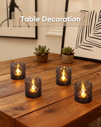Homemory 2" x 2" Acrylic Votive Candle Holders with Auto Timer Flameless Led Tealight, Battery Powered Fake Electric Candles for Wedding Centerpiece, Table, Christmas Decor (12Pack, Gray Base) - color: Gray, size: 12 Pack