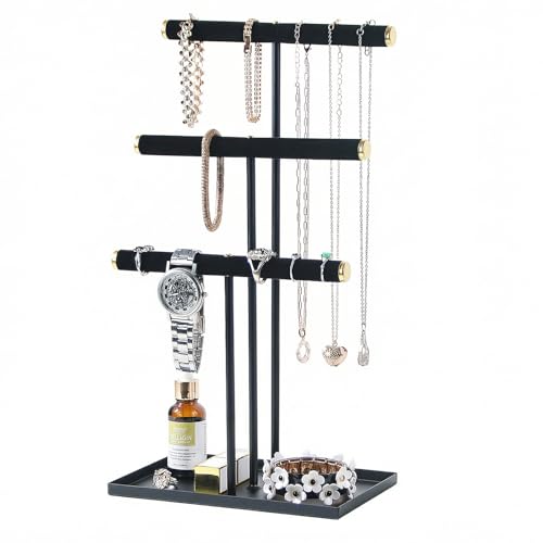 Jewelry Organizer Stand, Necklace Holder with Metal Frame, Jewelry holder stand Tree for Display, Bracelets Earrings and Ring Tray for Women (Black, 3 Tier) - color: Black