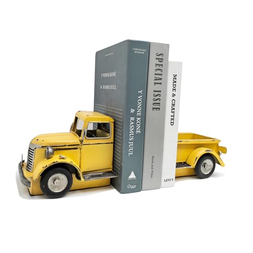Decorative Book Ends Vintage Bookends: Metal Truck Book Stopper for Kid Books for Grandson Men Teen - Farmhouse Decor for Bookcase Shelf Table Coffee Bar Office Home Yellow - color: Vintage Yellow