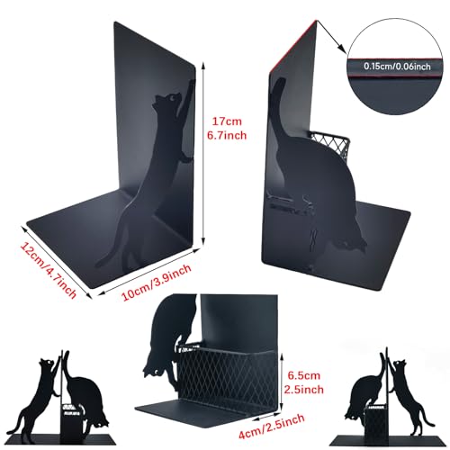 Cat Book Ends for Shelves, Metal Decorative Book Ends with Pen Holder, Fun Unique Bookends, Cool Black Cat Bookends for Home Office Desk Bookshelf Decor, Gift for Cat Lovers and Reading Enthusiasts - color: Black Cat