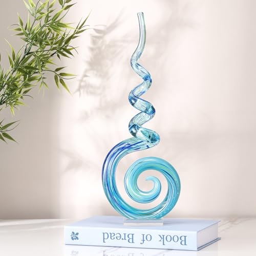 15" Tall Hand-Blown Murano-Style Glass Sculpture Statues Art Ornament Statue Figurines Home Decor Accent Piece Coastal Ocean Nautical Home Decor,Shelf,TV Stand,Tabletop Centerpieces,Wonderful Gift - color: Blue