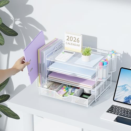 gianotter Desk Organizers and Accessories with File Holder, 4-Tier Desk Accessories & Workspace Organizers with Drawer and 2 Pen Holder, Paper Organizer for Office Supplies (White) - color: White