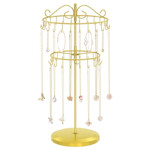 iDavosic.ly 2 Tier Rotating Necklace Holder Organizer with 42 Hooks, Adjustable Metal Bracelet Display Stand Rack, Extra Tall Keychain Spinning Tree Tower for Women, Gold - color: Gold