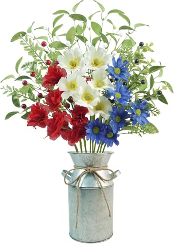 Krissing 4th of July Artificial Flowers with Vase, 20“ Patriotic Fake Flower in Vase Red White and Blue Flowers for 4th of July Centerpiece Decorations Cemetery Flowers for Independence Memorial Day - color: Red&white&blue