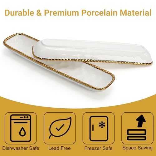 SOUJOY 2 Pack Porcelain Cracker Tray with Gold Pearl Edge, 14 Inch Rectangular Charcuterie Serving Platters, Dishwasher Safe Ceramic Cookie Plates for Cheese Ham Fruit, Perfect for Display Foods