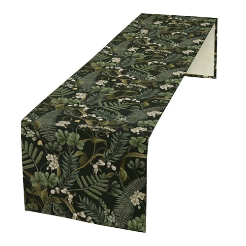 Nature Flowers Leaves Table Runner,Vintage 70s Green Plant Printed Table Runners for Kitchen Dining Table Home Party Decor 13x36in - color: Black-green, size: 13x36in